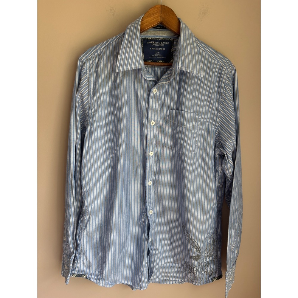 American Eagle Outfitters Mens Blue White Striped Eagle Oxford Shirt Large L